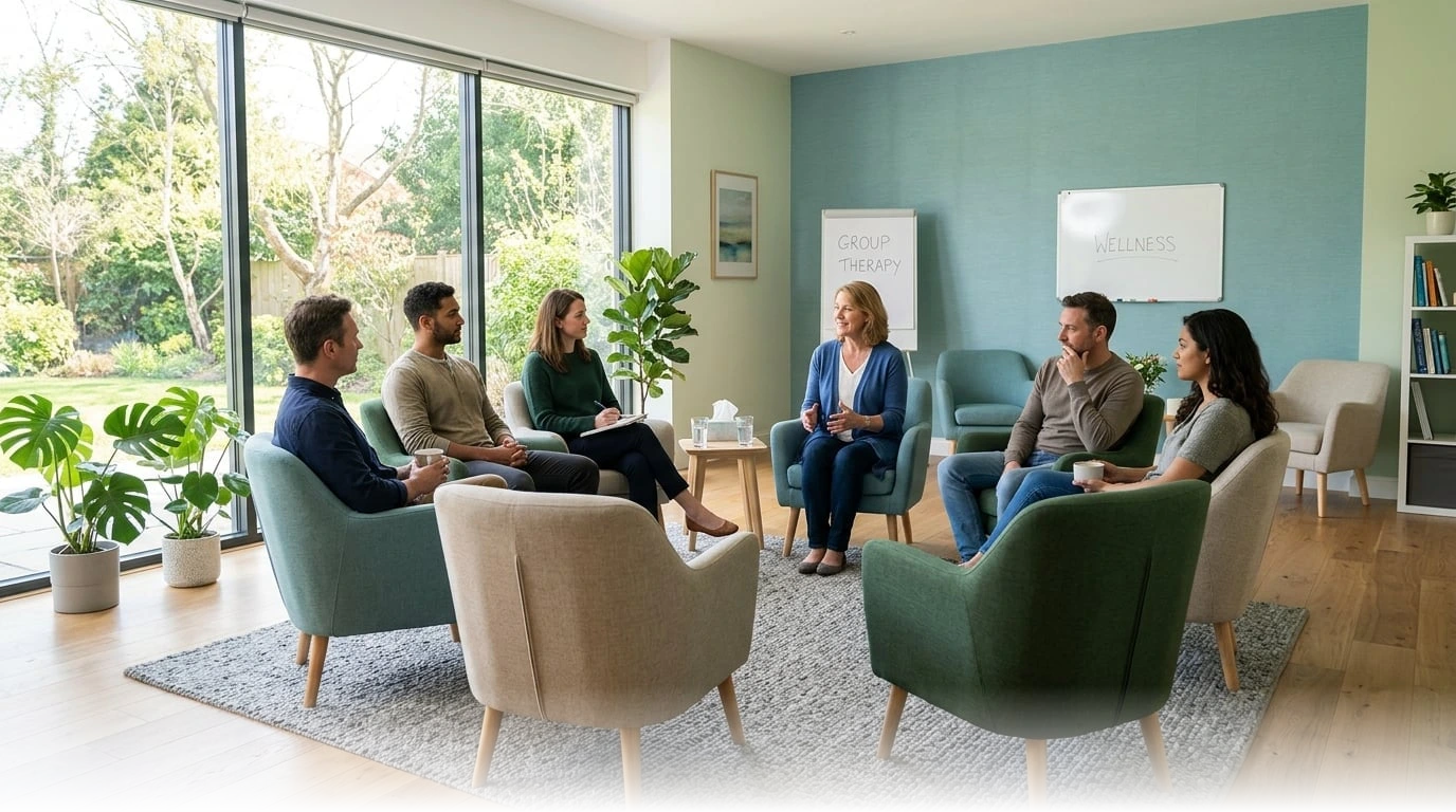 Modern evidence-based addiction treatment group therapy room with comfortable seating and natural light in a professional clinical setting