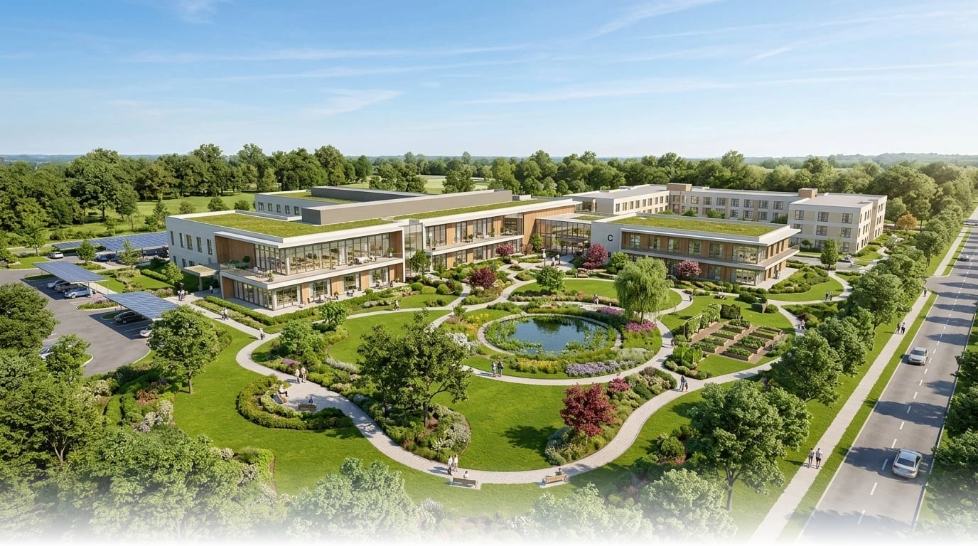 Aerial view of a modern accredited addiction treatment rehabilitation campus with manicured gardens, walking paths, and contemporary architecture