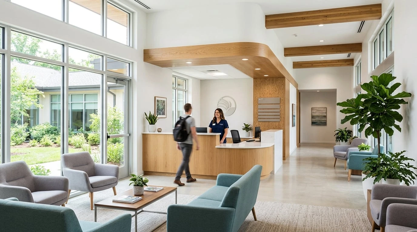 Modern accredited addiction treatment center entrance with welcoming reception lobby featuring comfortable seating and warm natural lighting