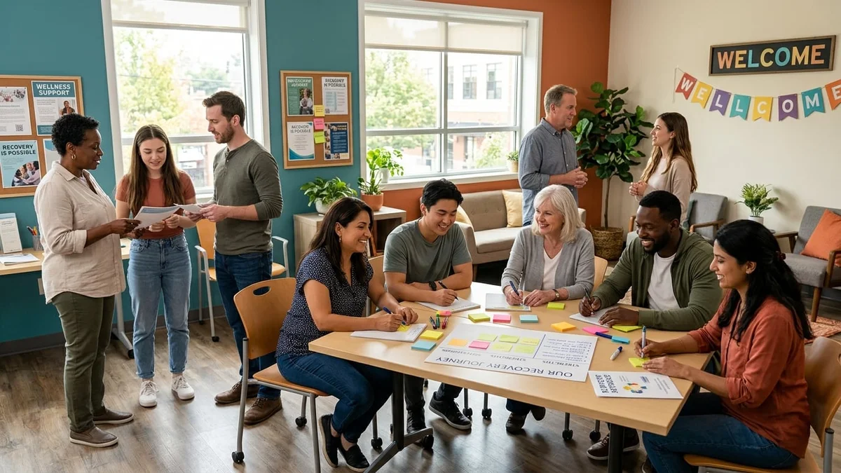 Addiction recovery community members supporting each other during a peer-led group wellness activity