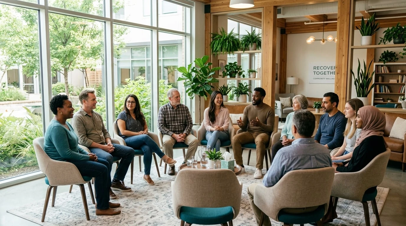Support group meeting in a bright modern community room with diverse participants in comfortable circle formation at a recovery center