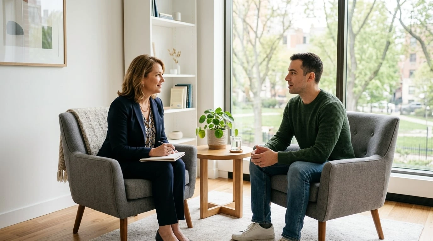 Professional counseling session between therapist and patient in a bright modern addiction treatment office with natural lighting