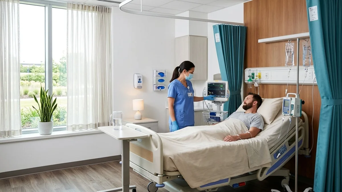 Medical detoxification treatment supervision with healthcare professionals monitoring patient vitals in a clean clinical environment