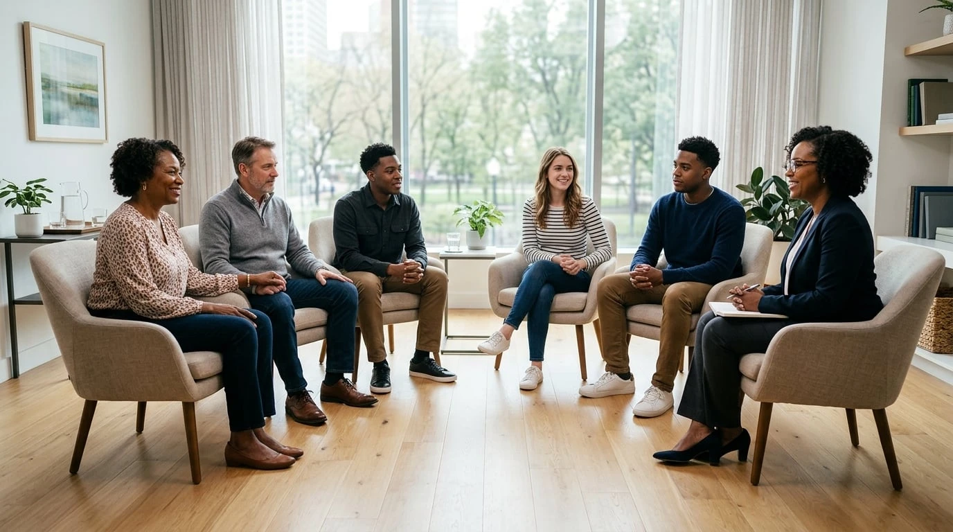 Diverse family participating in a supportive family counseling session at an addiction treatment center in a bright warm therapy room