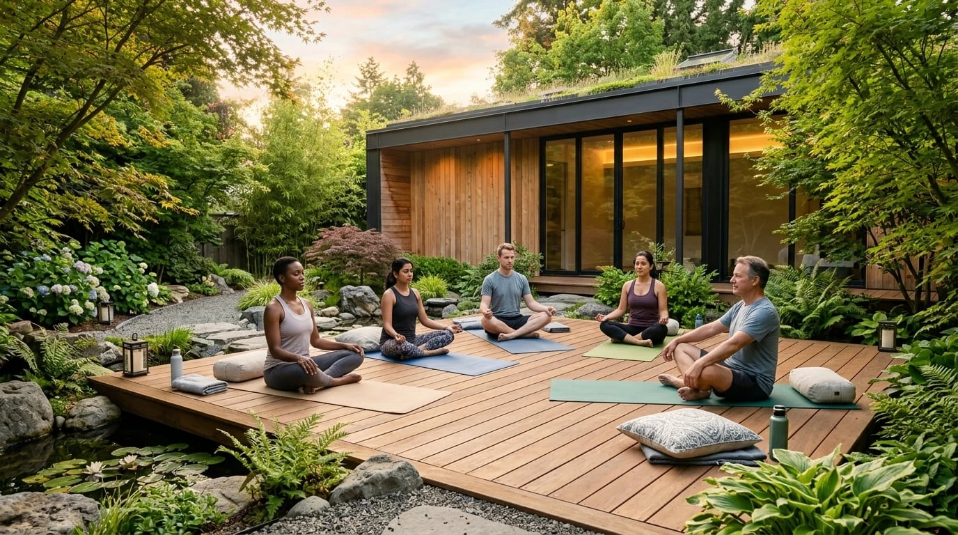 Peaceful outdoor meditation and yoga wellness area at a modern addiction recovery treatment center surrounded by natural gardens