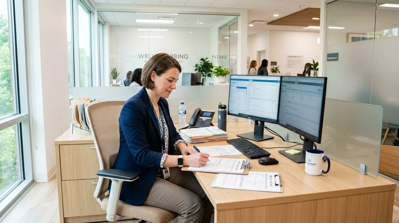 Professional intake assessment at a modern addiction treatment center with healthcare worker at contemporary workstation reviewing patient evaluations