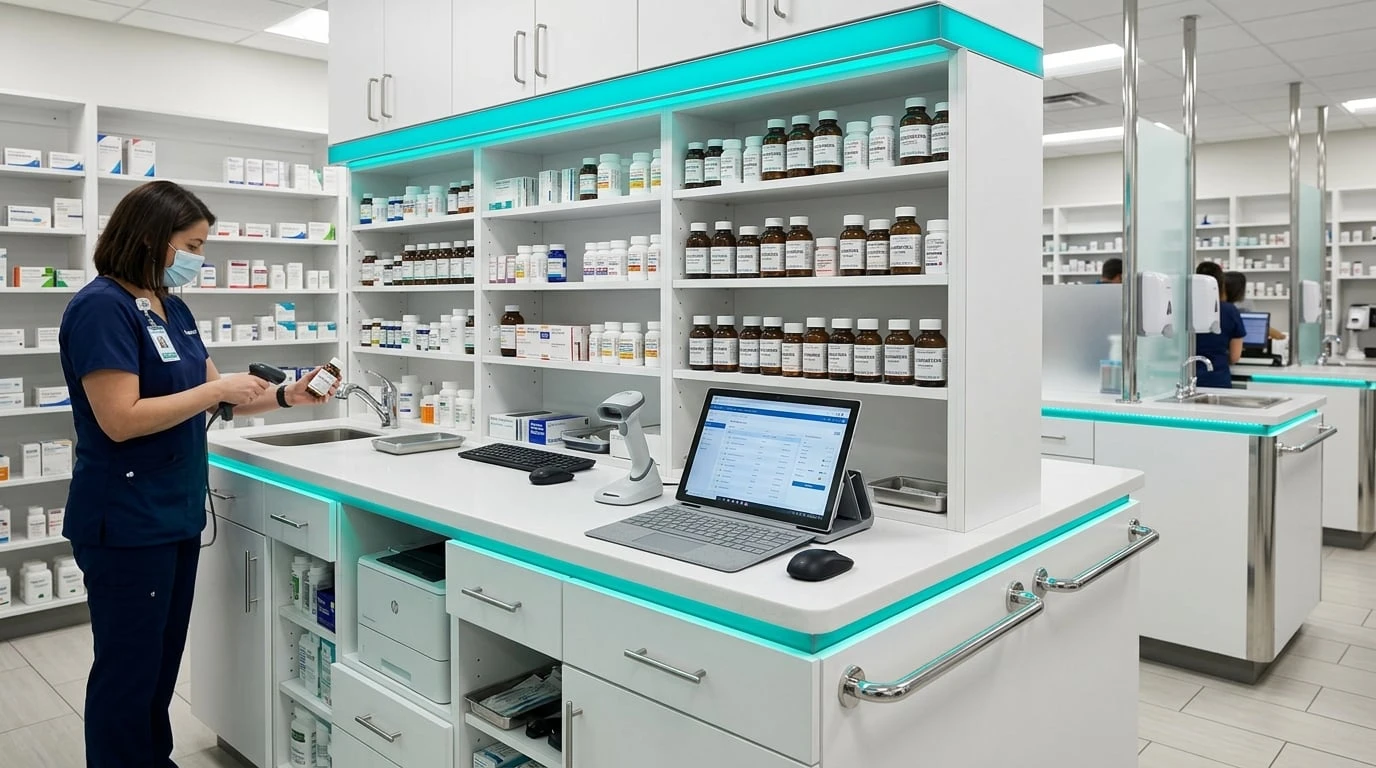 Modern medication-assisted treatment dispensing station in a clean clinical facility with organized pharmaceutical supplies