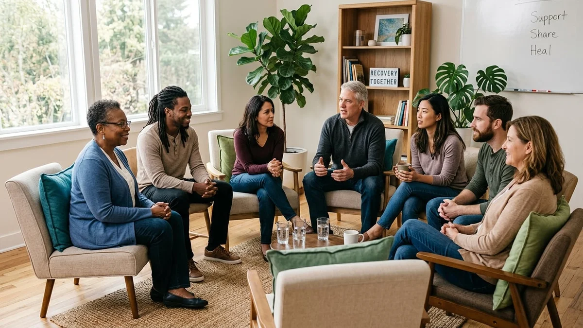 Peer support group recovery meeting in a warm therapeutic circle at an addiction treatment community center