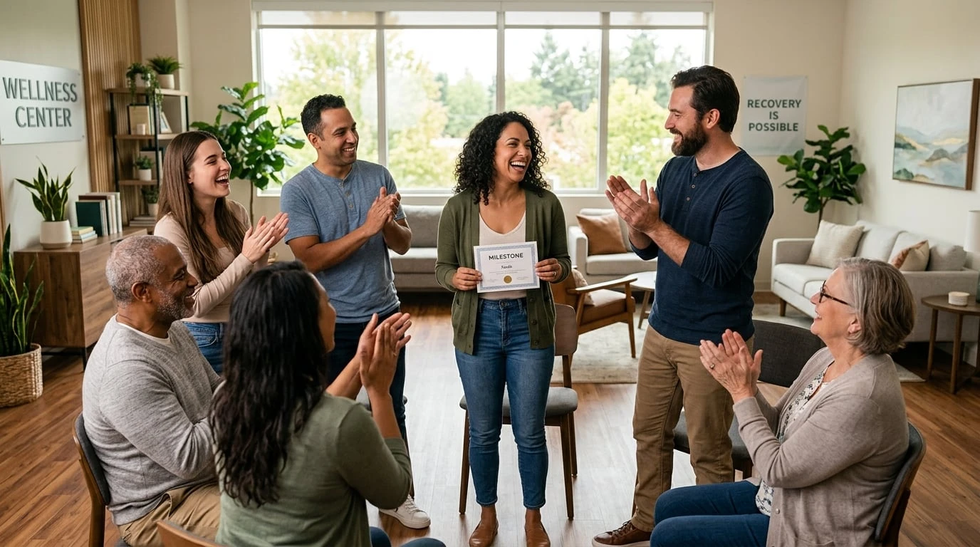 Joyful group celebration of recovery milestones with diverse supporters applauding in a bright modern wellness community room