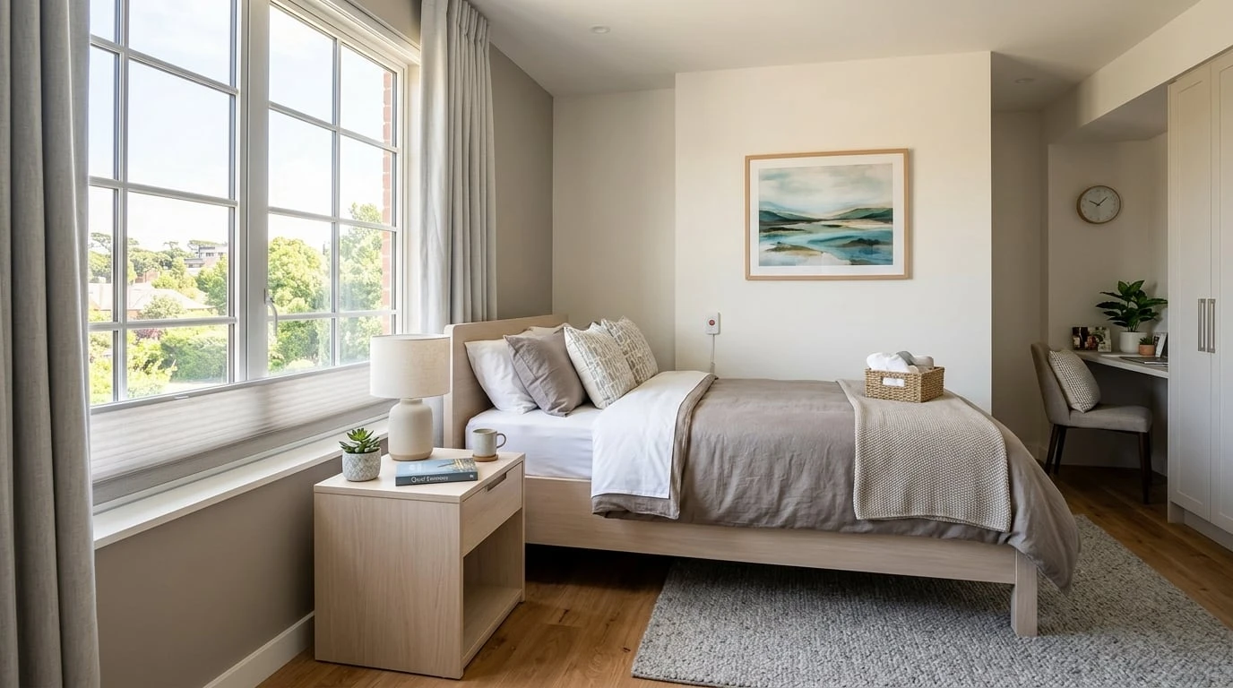 Comfortable modern patient bedroom in a residential addiction treatment facility with warm natural light, quality bedding, and homelike therapeutic design