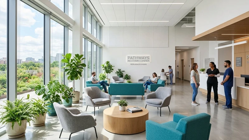 Serene modern addiction treatment recovery facility interior with natural light, comfortable seating, and therapeutic greenery representing hope and healing