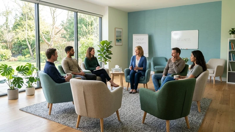 Modern evidence-based addiction treatment group therapy room with comfortable seating and natural light in a professional clinical setting