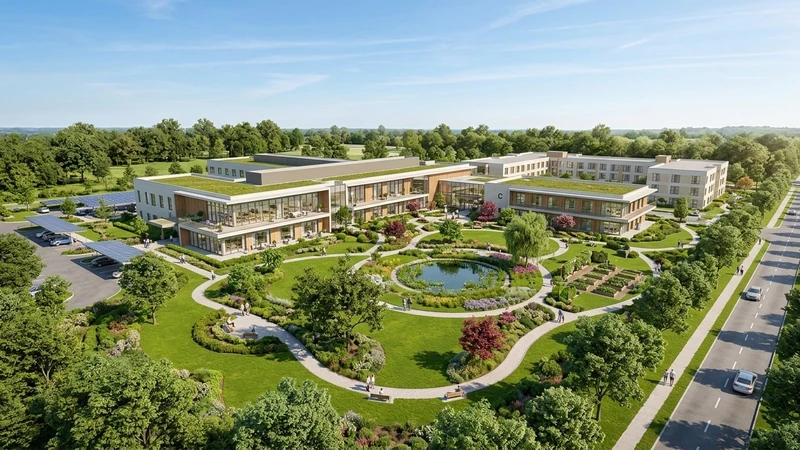 Aerial view of a modern accredited addiction treatment rehabilitation campus with contemporary architecture, manicured gardens, and walking paths