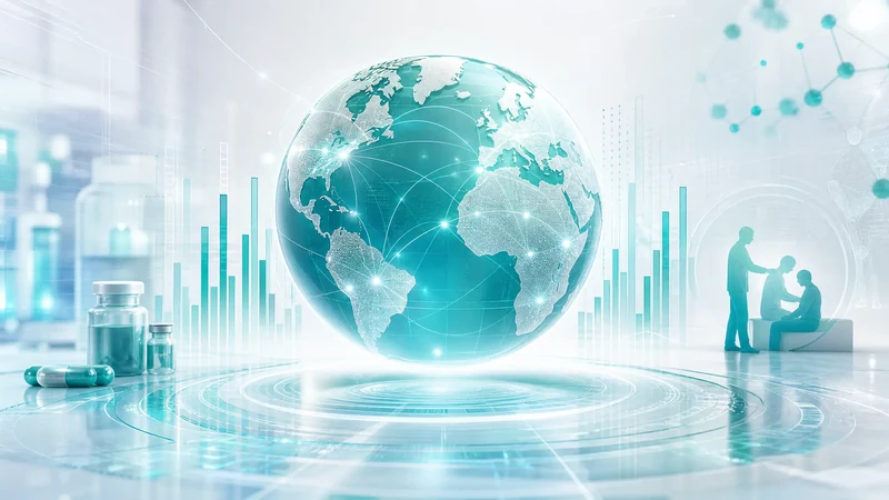 Futuristic glowing holographic world globe with teal data connections representing the global addiction treatment market across leading economies